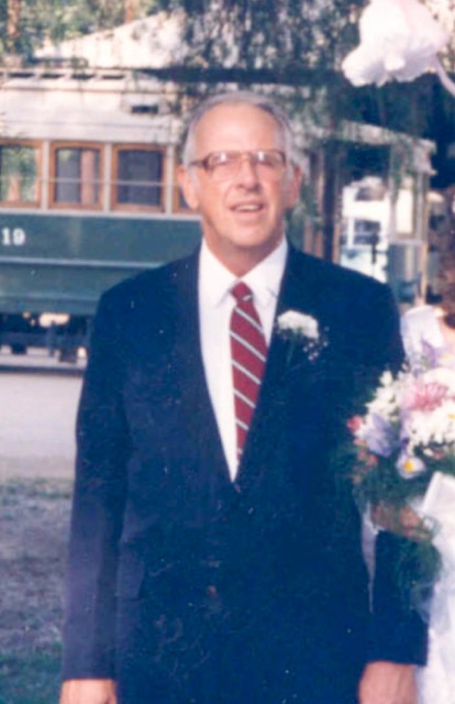 ‘Pappy Ben’ Minnich, pictured in 1986 with a trolley car in the background, at the Orange Empire Railroad Museum.
Credit: Orange Empire Railroad Museum.
